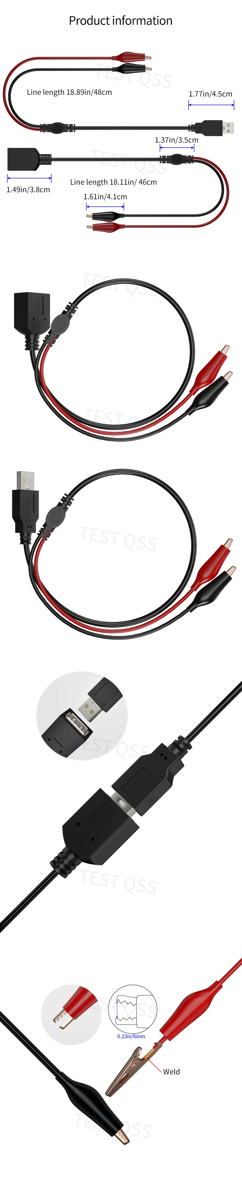 QSS 2PCS Krokodilklemmen auf USB Stecker/Buchse Testkabel 56CM Elektrische Verbindungslinie Netzteil Adapterkabel Q.70066 – Detail 1