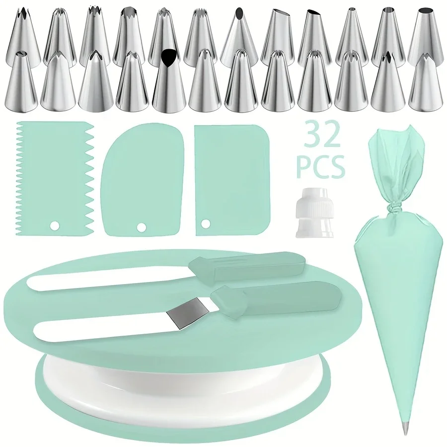 32PCS Cake Decorating Kit with Turntable,Piping Tips,Complete Baking Tools for Beginners,DIY Fondant,Buttercream DIY Decorating