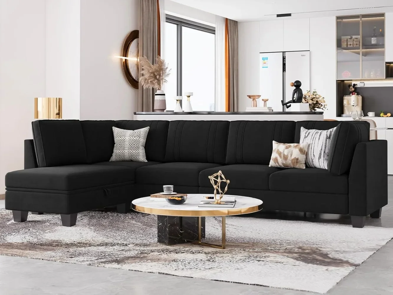 4 Seater Sectional Sofa with Reversible Chaise, Velvet L Shaped Sofa Sectional Couch with Convertible Storage Ottoman Black