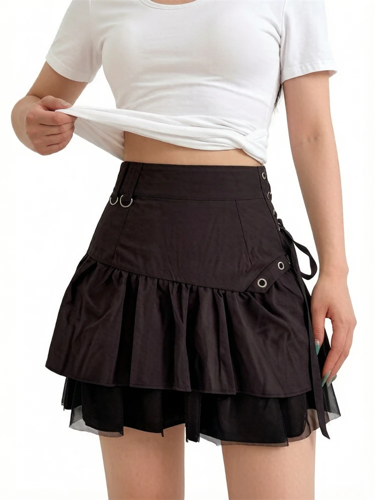 Punk Irregular Short Skirts Women Y2k Aesthetic High Waist Irregular Ruffled Skirt Streetwear Solid Color See Through Mini Jupe