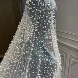 Velo de novia de 1 nivel con perlas, velo de novia largo y lujoso, perlas dispersas, velo de Mantilla de perlas densas con peine, catedral personalizada