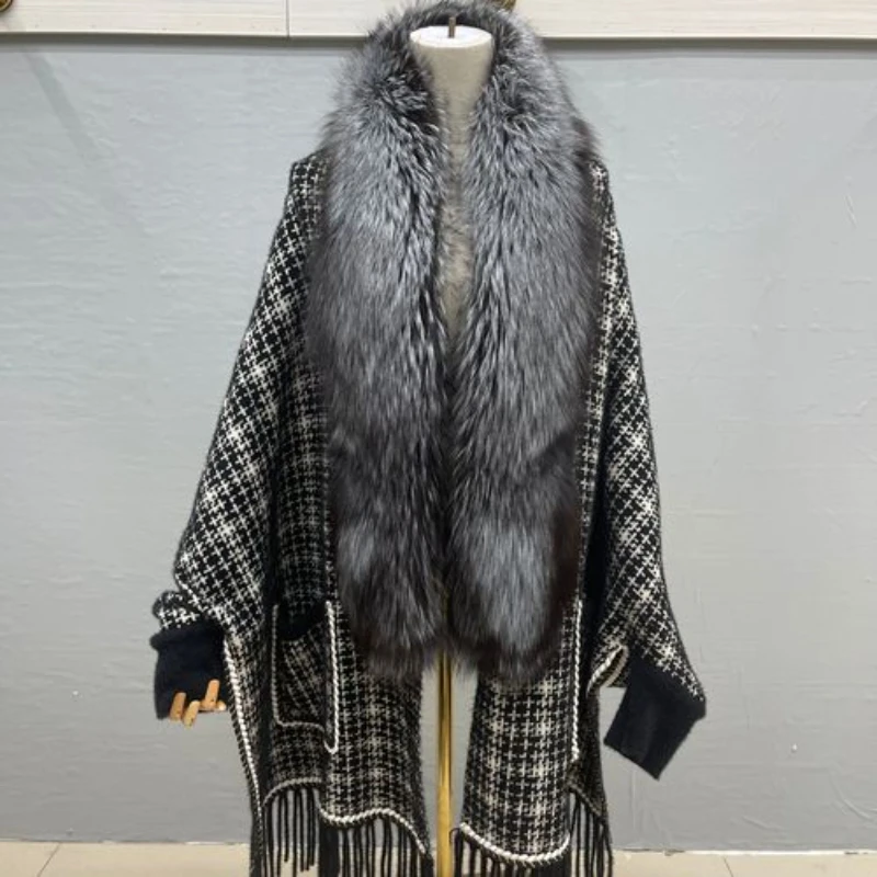 Real Fox Fur Collar Coat Winter Jacket Women Warm Knitted Poncho Long Sleeve Tassel Scarf Femme Vintage Cardigan Oversize