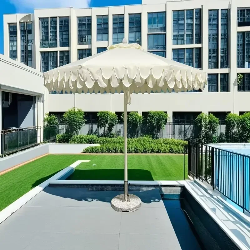 9ft White Octagonal Market Umbrella with Scalloped Edge and Tassels Decorative Patio Parasol for Outdoor Garden Terrace Shade