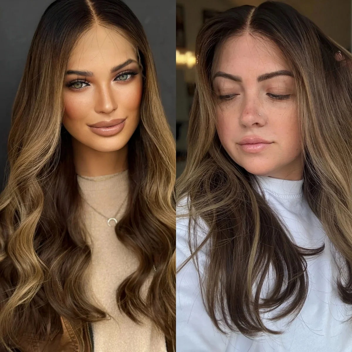 Natural Long Body Wave Wig Ombre Caramel Brown Highlights Balayage Synthetic Lace Front Wig Top Swiss HD Lace Wig for Women