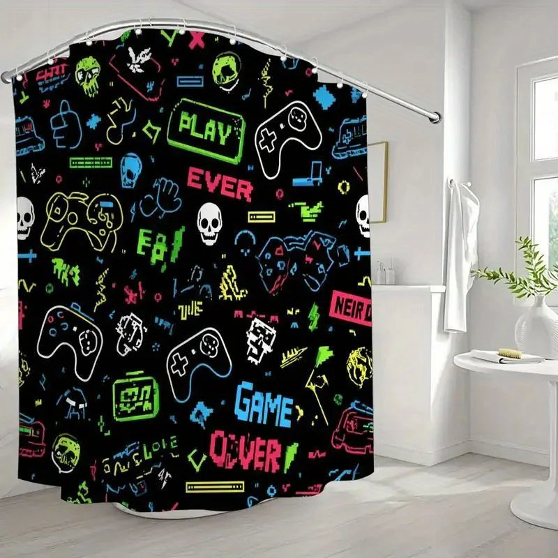 

Retro Pixel Gaming Shower Curtain – Controllers, Skulls & “GAME OVER”, 12 Hooks, 70.87×70.87" Geek Chic Bathroom Decor