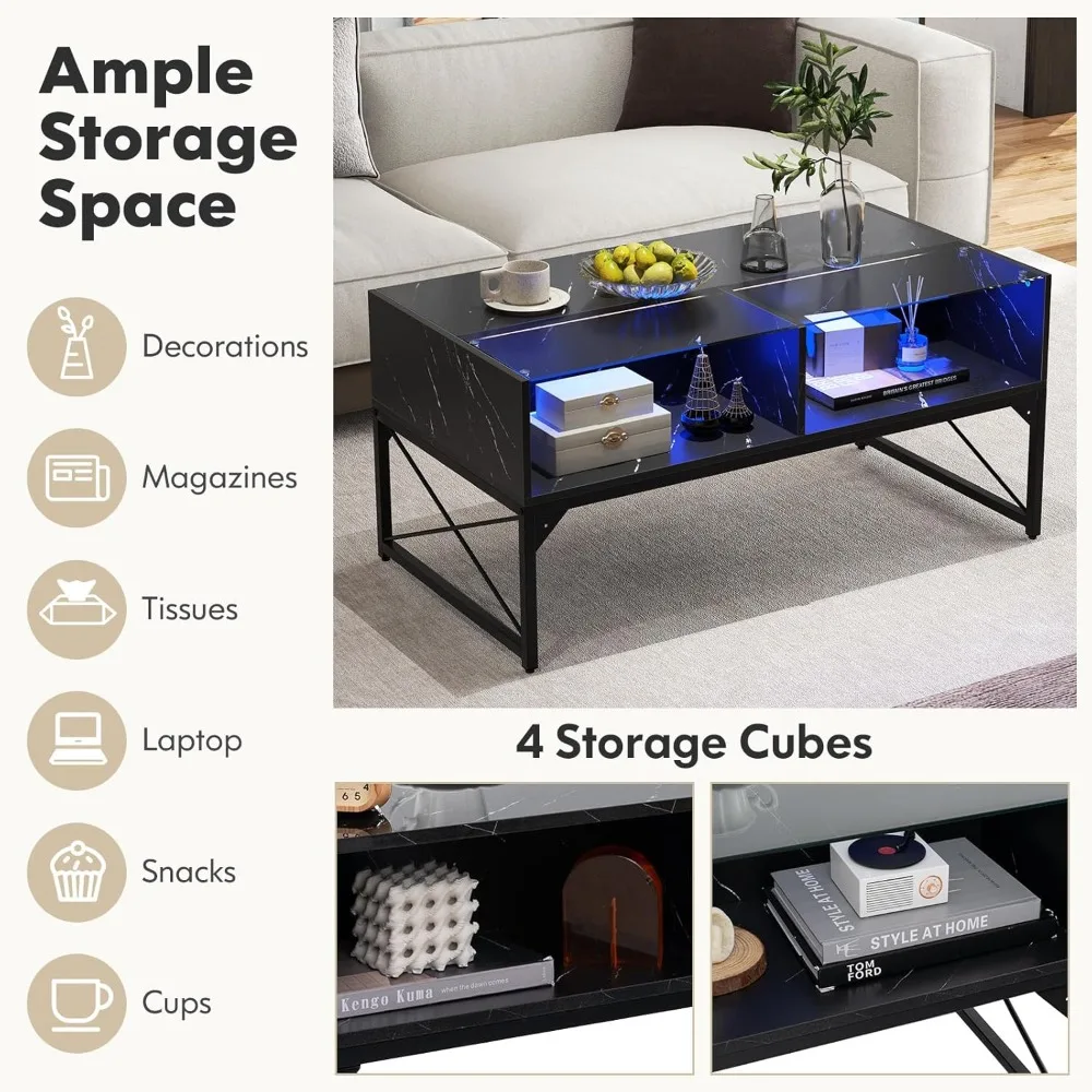 LED Coffee Table, High Gloss Coffee Tables with 4 Storage Cubes, 20-Color Lights, Remote Control, Faux Marble & Tempered