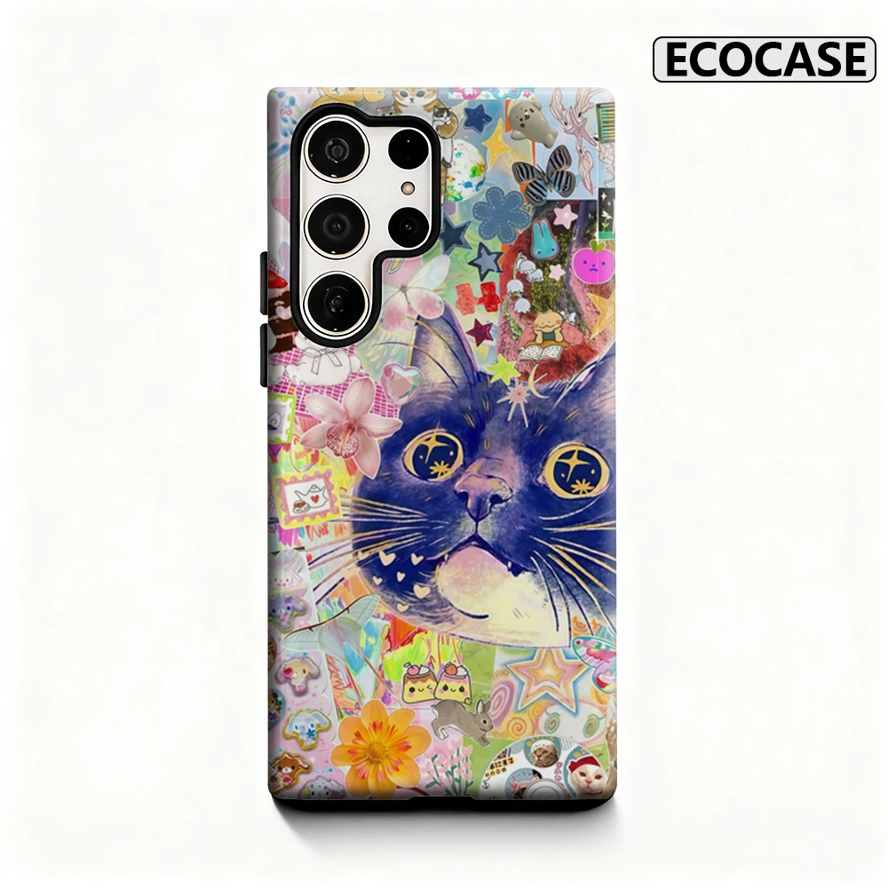 Kawaii Cat Collage Phone Case for Samsung Galaxy S25 Ultra S24 S23 Ultra Plus Glossy Double-layer Back Cover