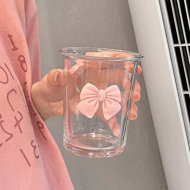 350ml Pink Bow Glass Cup Simple Delicate Bow Ice Cream Mug Home Coffee Mug Breakfast Milk Dessert Goblet Birthday Gift New