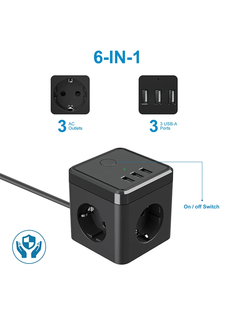 Cube Multiple Socket With USB Fast Charging Port,3-way Socket With Switch, 2 Euro And 1 Schuko Socket for Home Bedroom Office