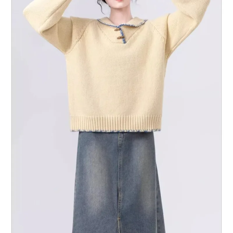 

Premium Lapel Button-down Knitted Sweater Top Loose Soft Waxy Age-reducing Versatile Long-sleeved Pullover Sweater