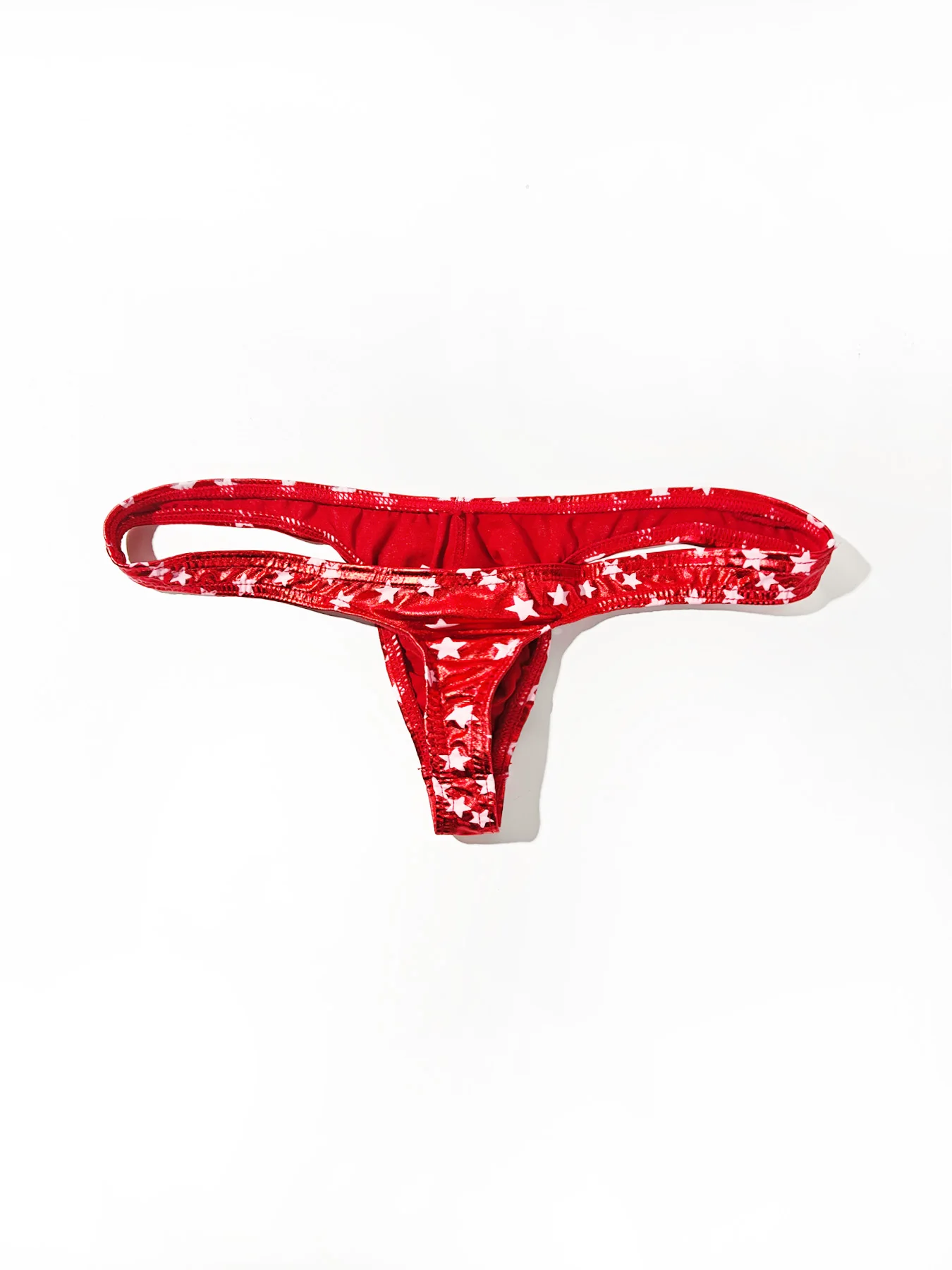 Men's Reflective Faux Leather Thong Underwear, Star Print Thin Strap Contour Pouch Stretch Undies For Athletic Workout Club Part