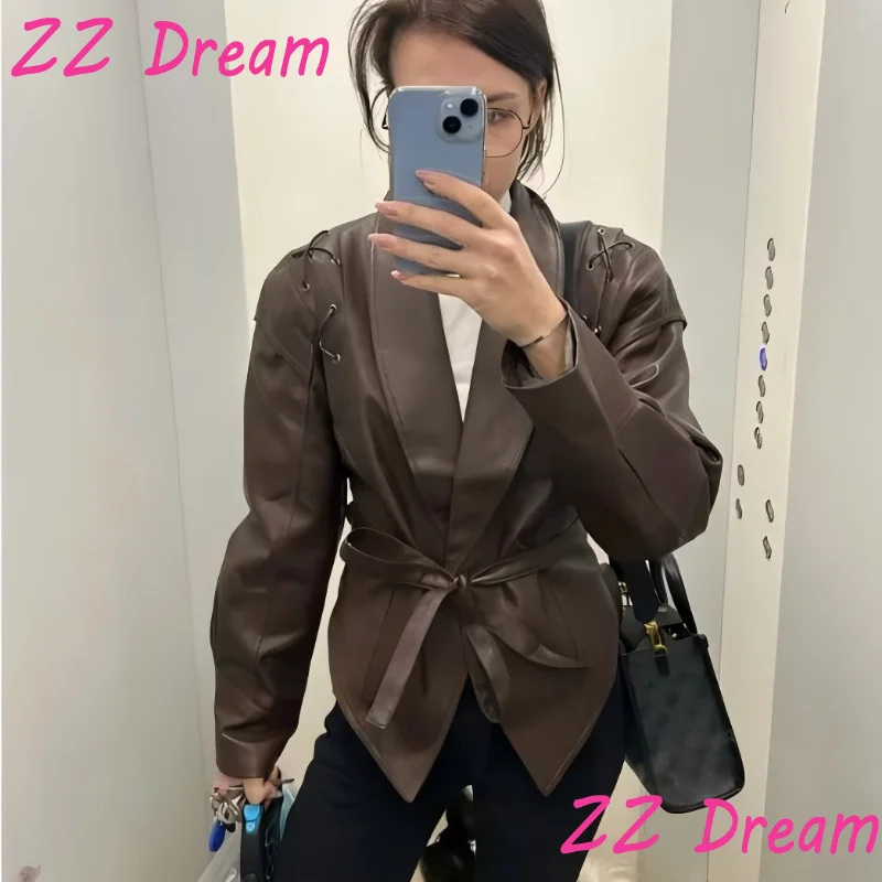 

Vintage Women Brown Leather Jackets Lapel Shoulder Padded High Waist Leather Coat With Belt 2025 Lady Autumn Fashion Outwear