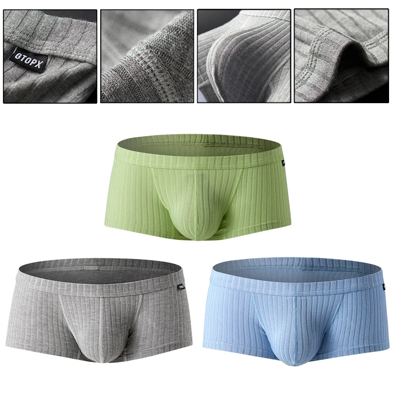 Mens Boxer Trunks Low Waist Sweat Breathable Shorts Peni Enhancing Pouch Panties New Striped Underpants For Male Boxershorts