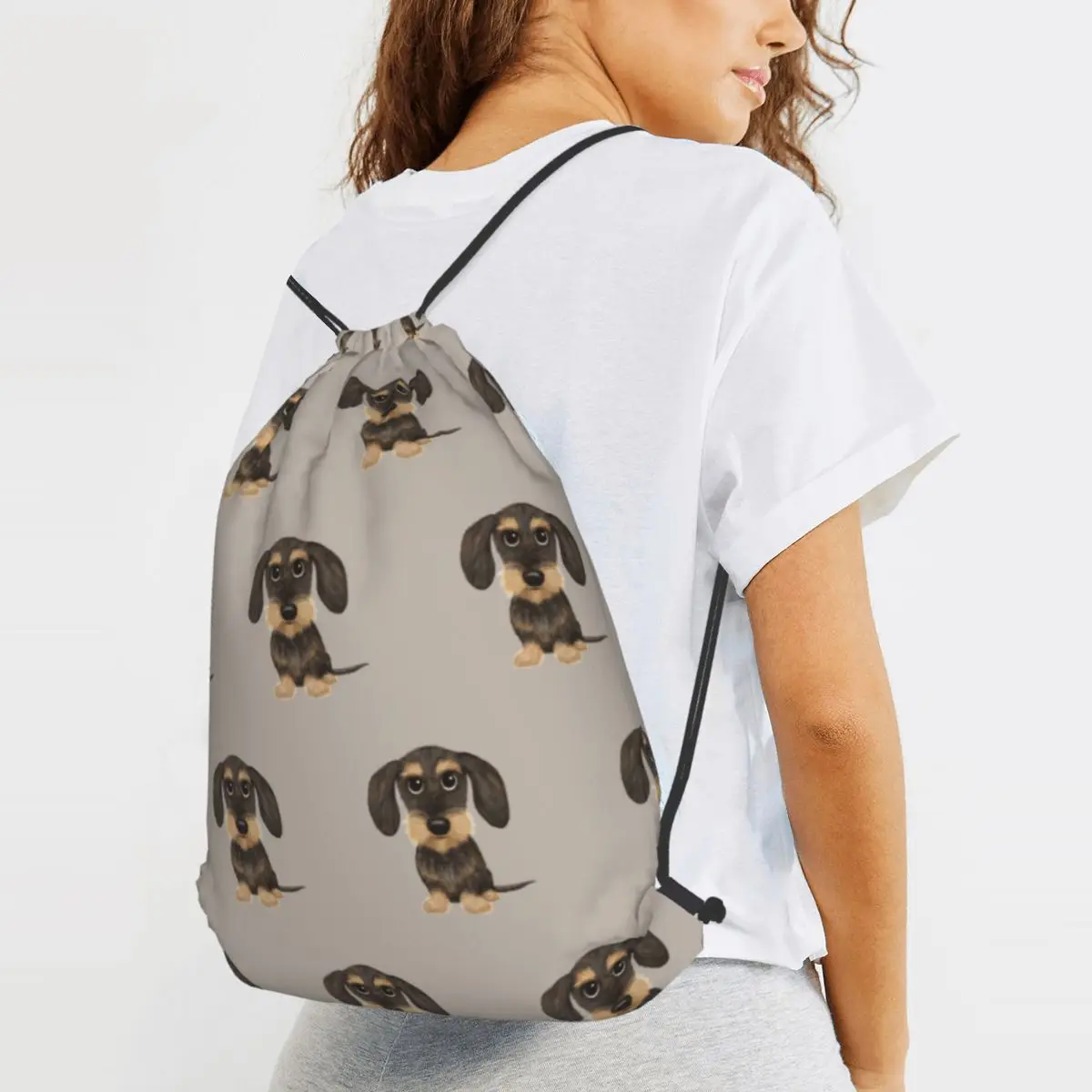 Mochilas con diseño de perro teckel de pelo largo, bozal de jabalí y color marrón, bolsas de libros con cordón de moda para viajes y escuela
