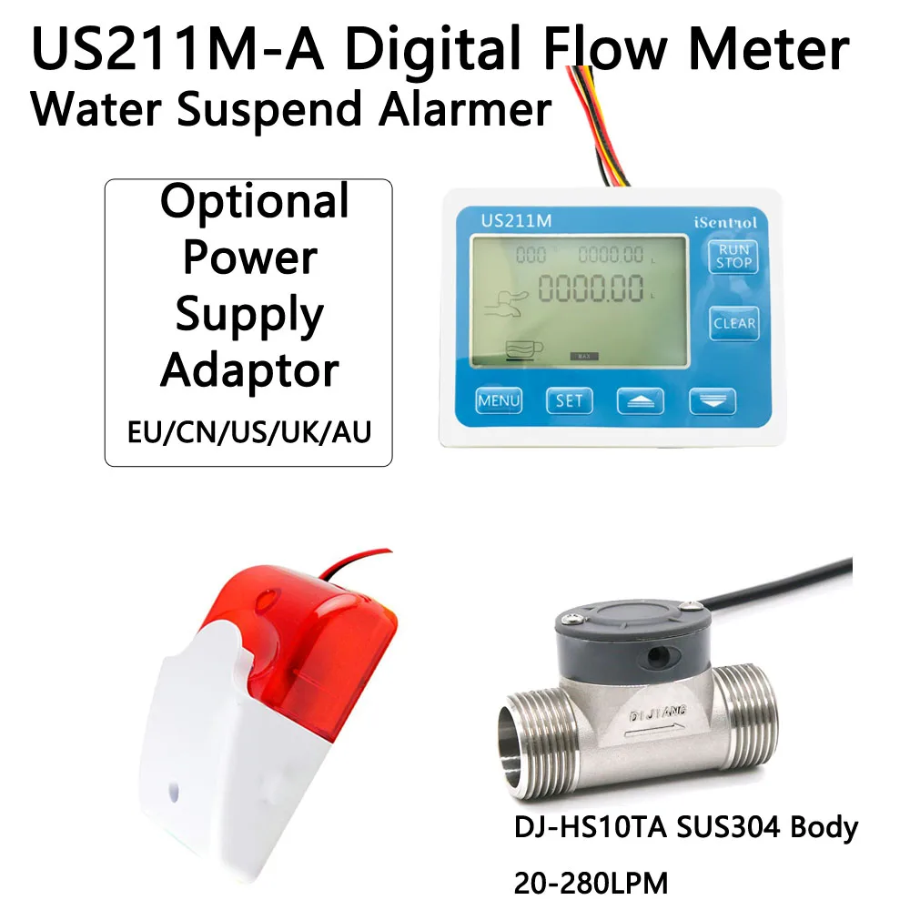 US211MA Pipe Water Suspend Alarming System Digital Flow Meter and SUS304 60℃ Flow Sensor Turbine Flowmeter G1