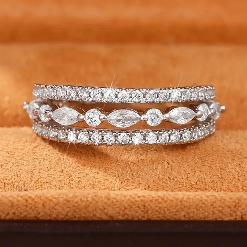 All Moissanite Ring for Women Marquise Round Cut Lab Diamond 925 Sterling Silver Luxury 3 Row Half Eternity Wedding Band Jewelry