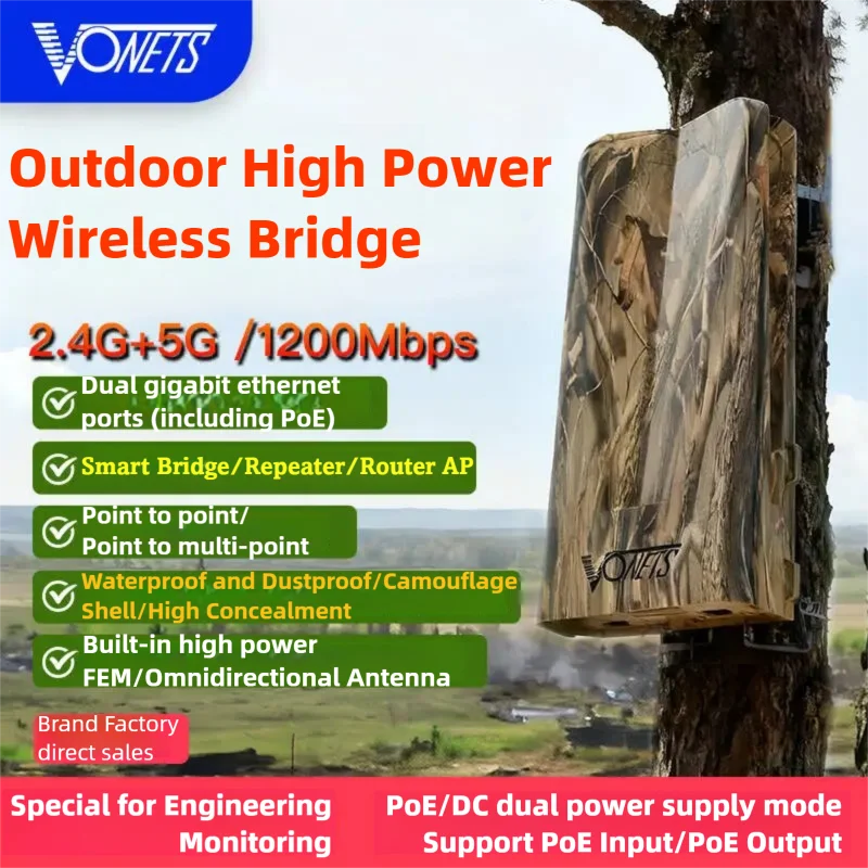 VONETS VBGO1200 Outdoor Gigabit PoE Dual-Band WiFi Bridge Router Repeater Long-Range Point-to-Point WiFi Extender 2.4GHz/5GHz