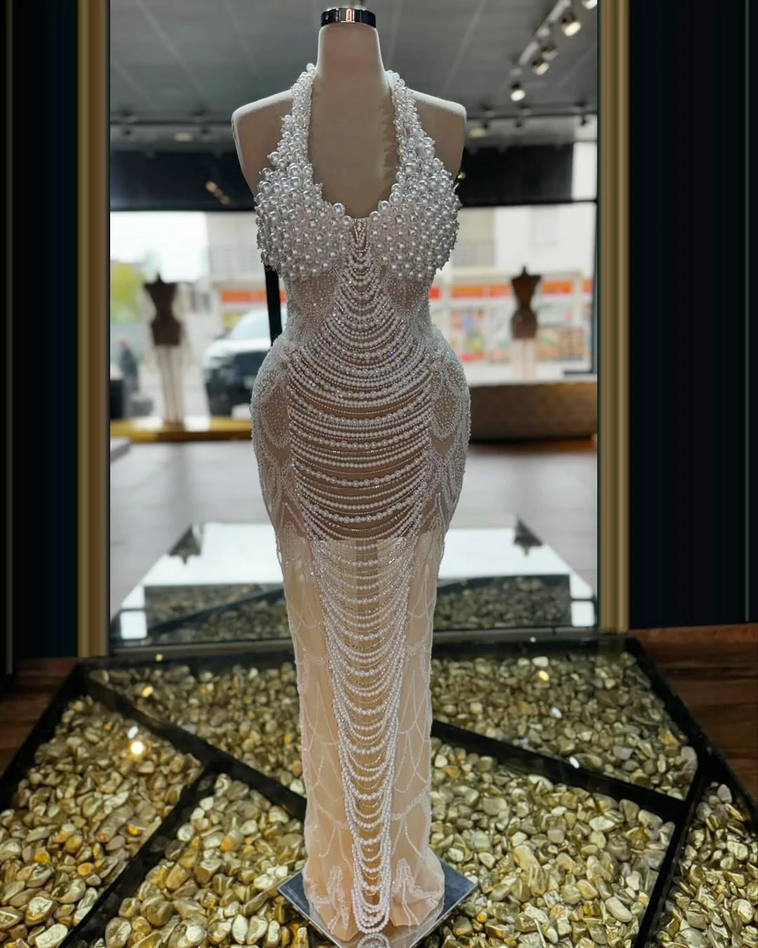 Customized Beading Pearl Prom Dresses  Exquisite Split Floor-Length Formal Dresses