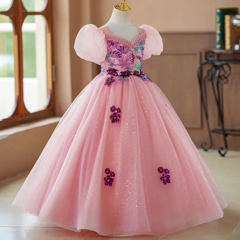 High-end Puff Sleeve Appliques Sequined Pink Dress for Girl Flower Girls Princess Wedding Christmas Party Tweens Long Dress