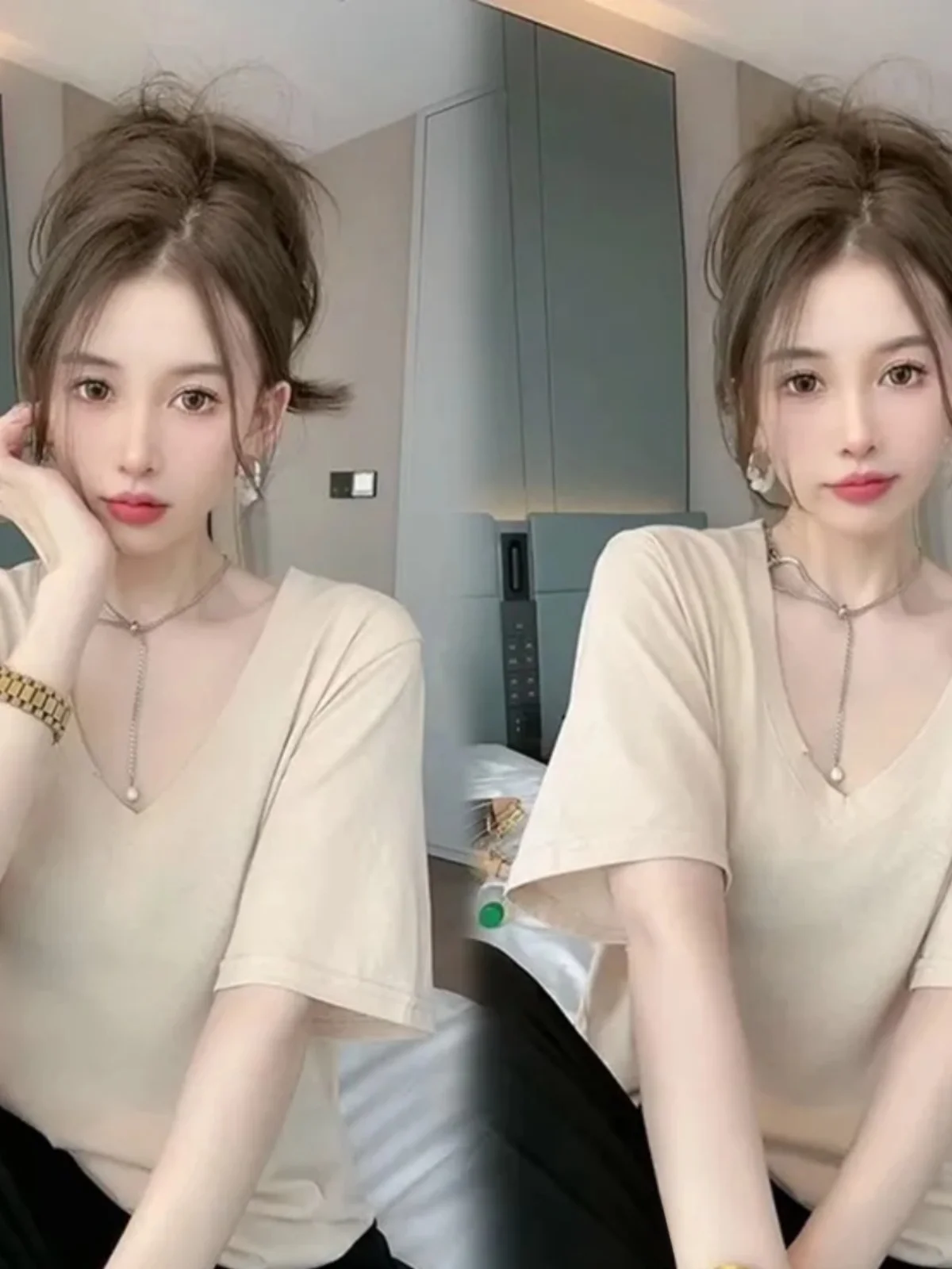 

plus Size Women's V-Neck Thin T-Shirt Korean Style Loose Fit Summer Casual Wear Salt And Sweet Style Large Size Inner Wear