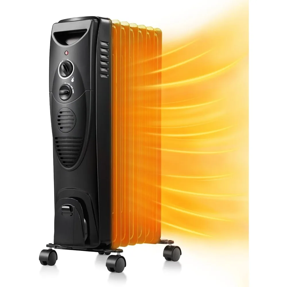 Oil Filled Radiator Heater - 3 Heat Settings, Adjustable Thermostat, Quiet and Portable Space Heater with Tip-over