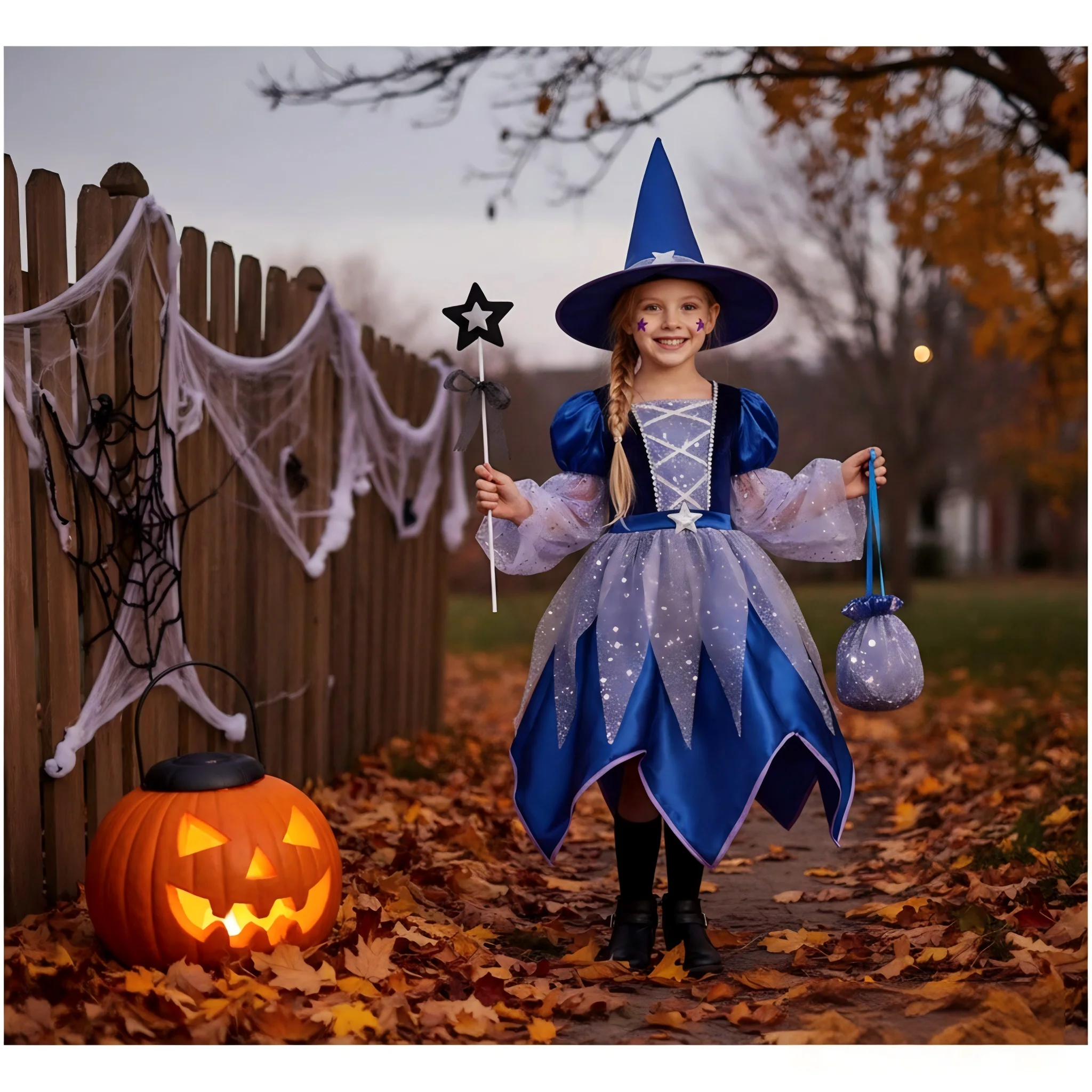 Girls Witch Halloween Full Costume Set Blue‑Purple Star Glitter Tulle Dress Hat Magic Wand Candy Pouch Holiday Party Fancy Dress view 5