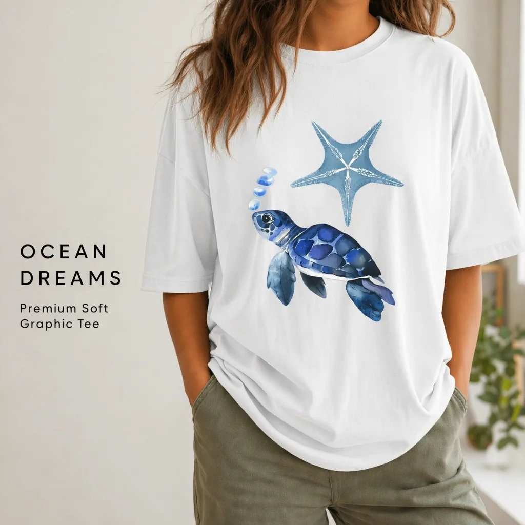 Sea Turtle Graphic T Shirt Women Men 100% Cotton Ocean Starfish Print Tee Oversized Beach Summer Short Sleeve Top