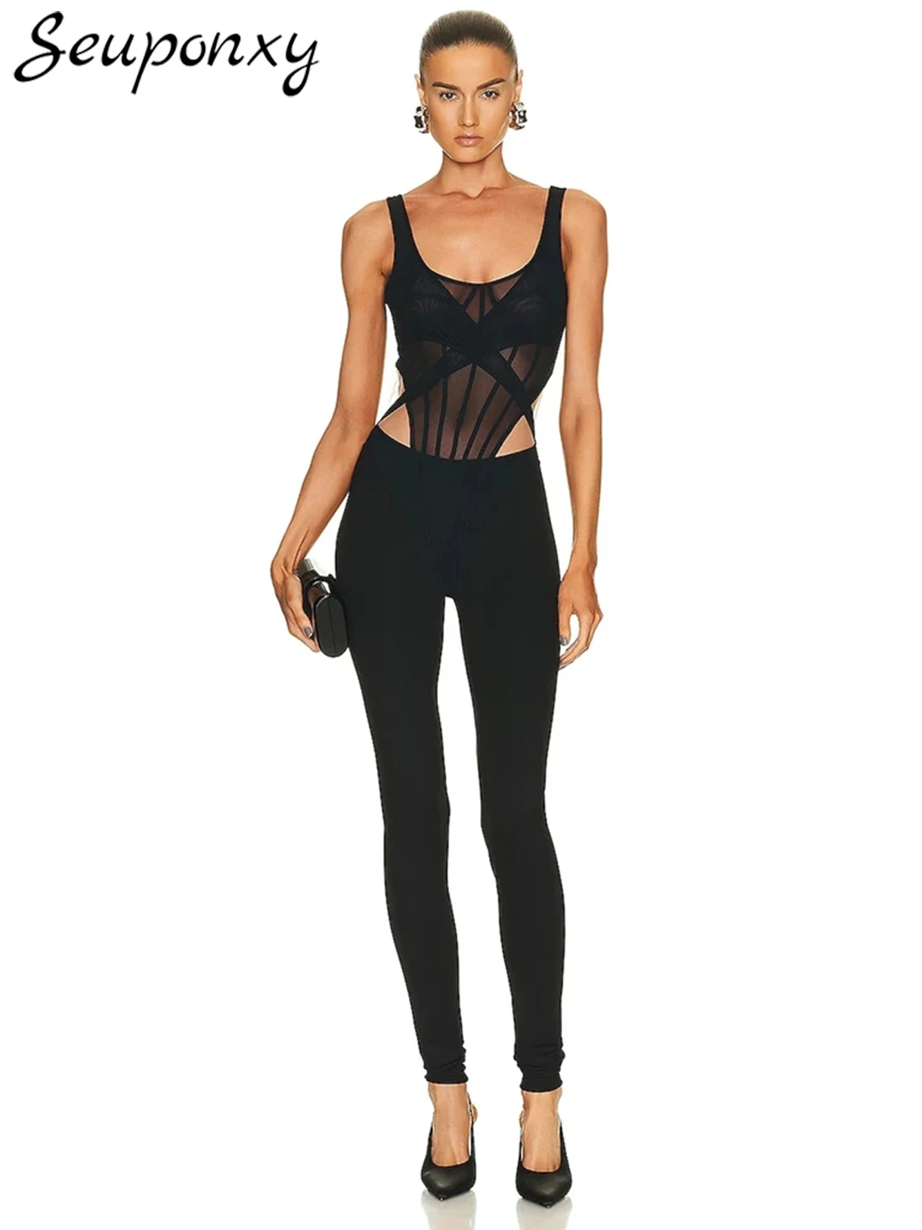 

High Quality 2024 Women'S Sleeveless O-Neck Black Mesh Patchwork Jumpsuit Sexy Hollow Out Celebrity Club Evening Pencil Jumpsuit