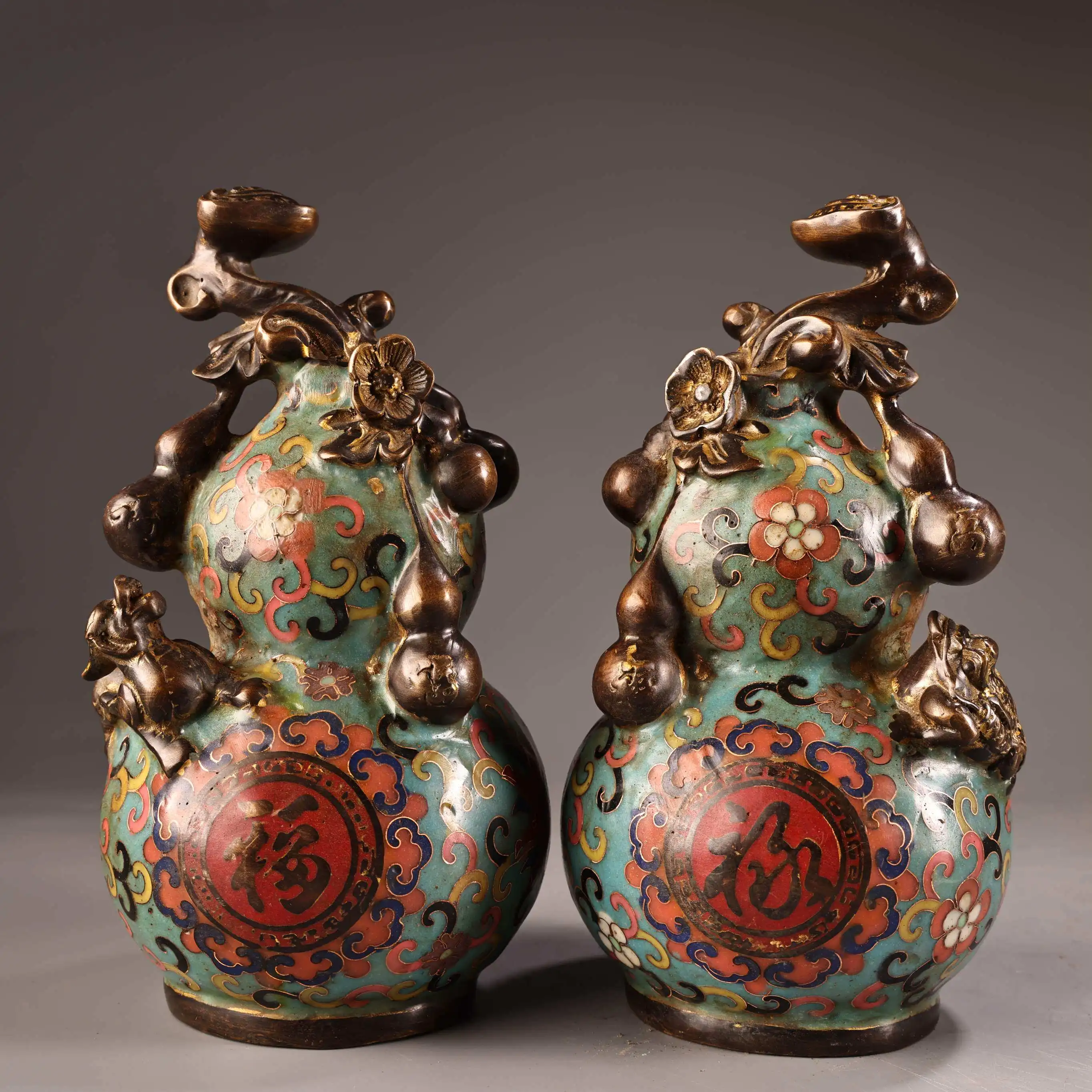 Vintage Chinese Cloisonne Enamel Copper Gourd Shaped Ornament Pair Heavy Patina Exquisite Craft Collectible
