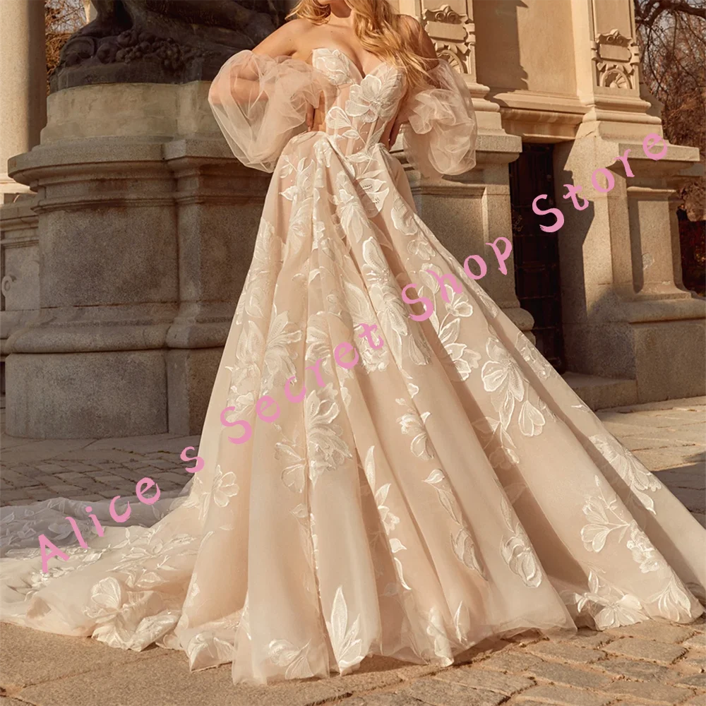 

Elegant Off Shoulder Tulle Appliquins A-Line Bride Wedding Dresses Bridal Gowns Customized