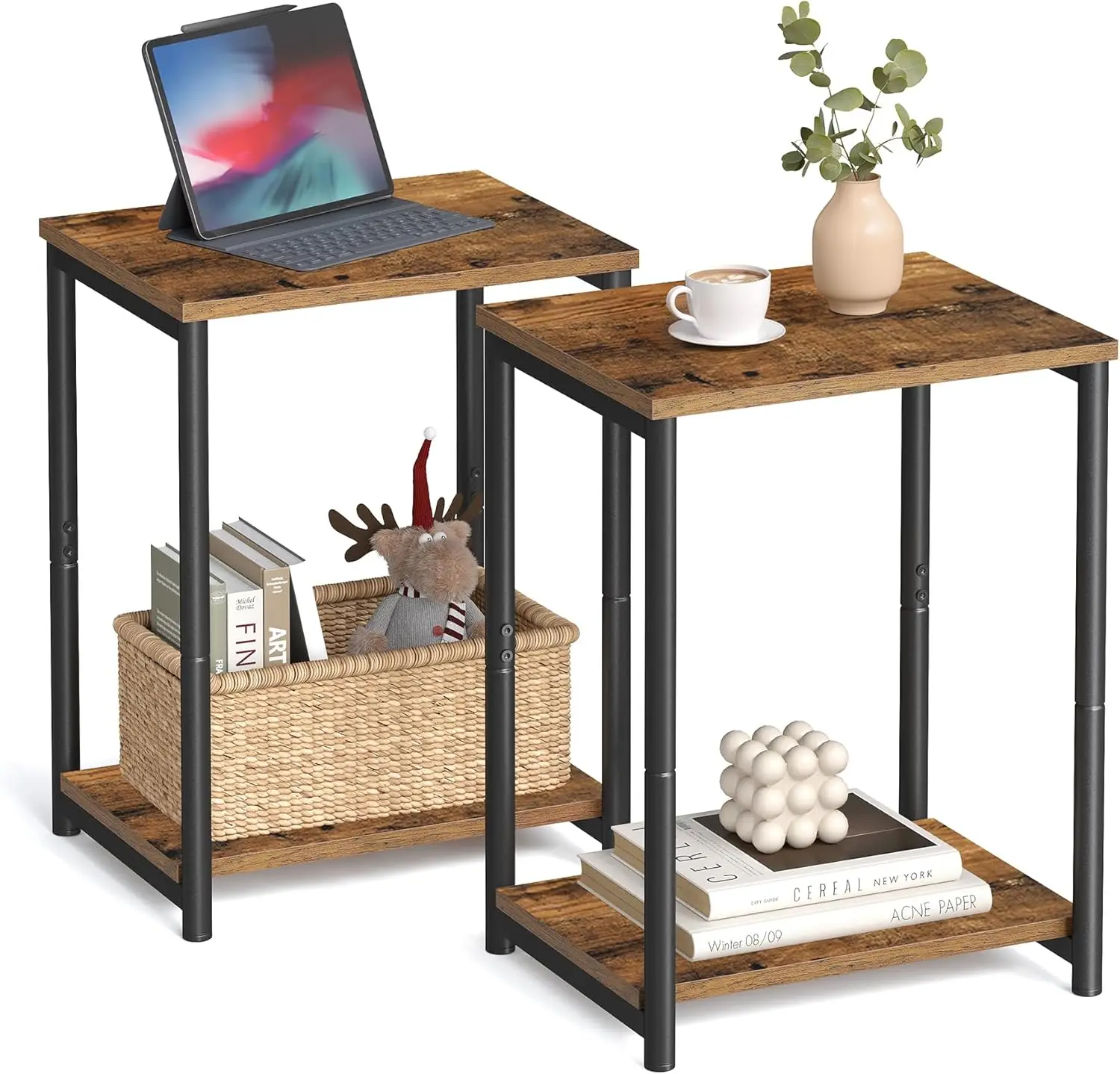 

Side Tables Set of 2, Small End Table, Nightstand for Living Room, Bedroom, Office, Bathroom, Rustic Brown and Black