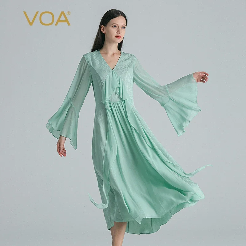 

VOA Teal Green 22 Momme Jacquard Silk Dresses Women Splice Georgette Silk Flare Long Sleeve V-Neck Slim Dress Autumn 2022 AE1761
