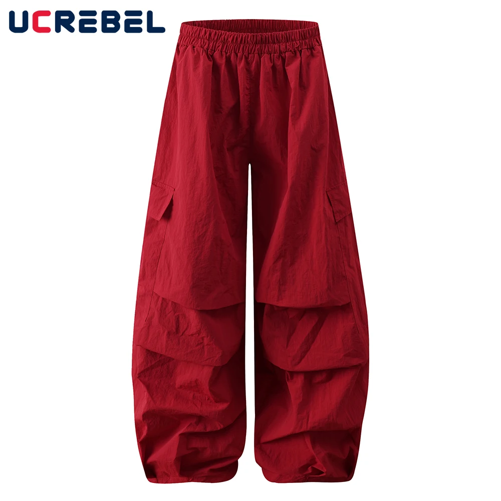 

Solid Color Pleated Jogger Pants Mens Pocket Hip Hop Streetwear Elastic Waist Loose Wide Leg Trousers Men