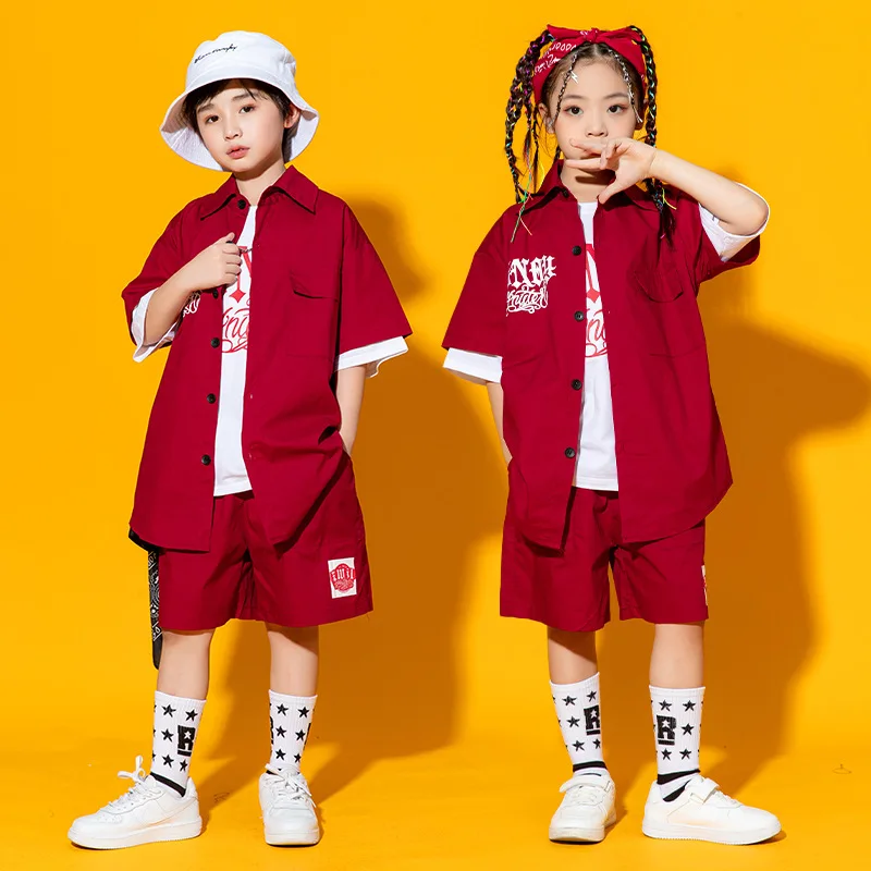 Kid Cool Hip Hop Clothing Letters Red Shirt Top Wide Casual Street Summer Shorts for Girls Boys Jazz Dance Costume Clothes Set