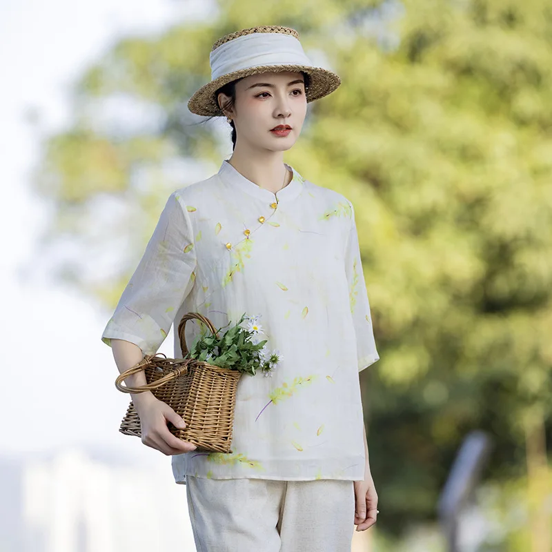 

Chinese style retro niche chic design stand-up collar diagonal placket button shirt ramie printed top fashionable casual versati