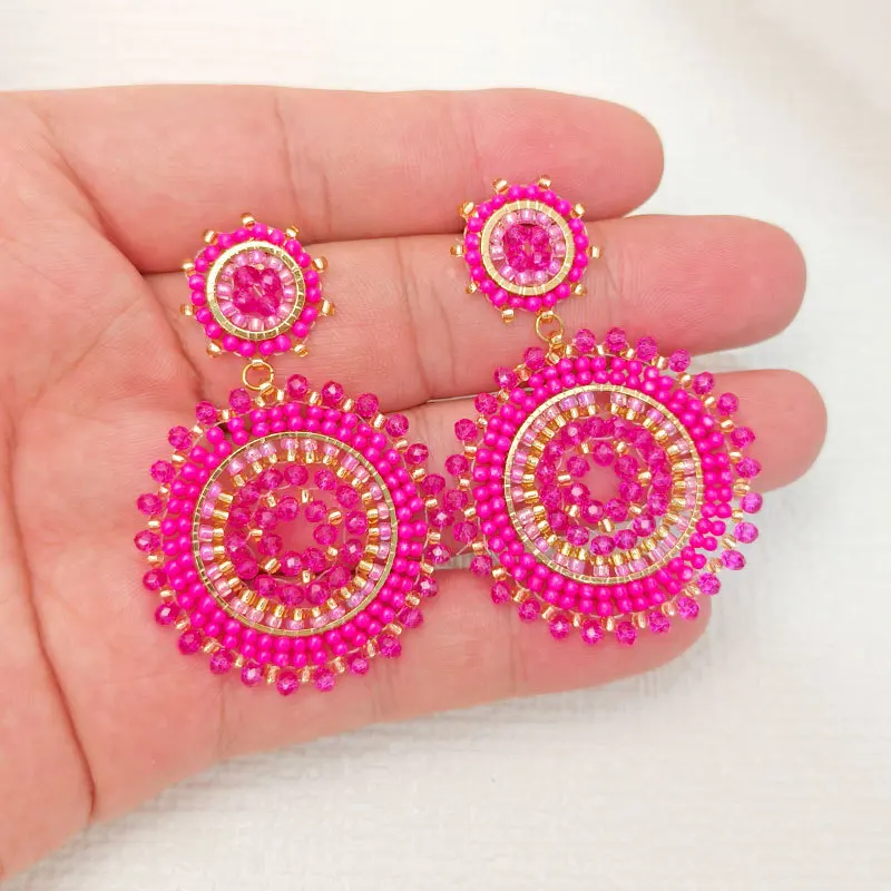 Rice bead earrings Originality Sunflower Crystal Roundness Hand knitting Bohemia red  Alloy Fashion Simple Beaded earrings