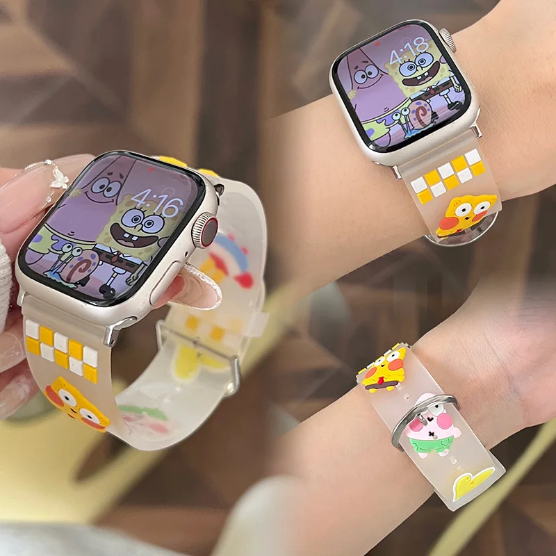 Cute Cartoon Burger Fries Clear Band For Apple Watch 44mm 40 45 41 49 42 38 Soft Silicone Strap For Ultra Serie 9 8 SE 7 6 5 4 3