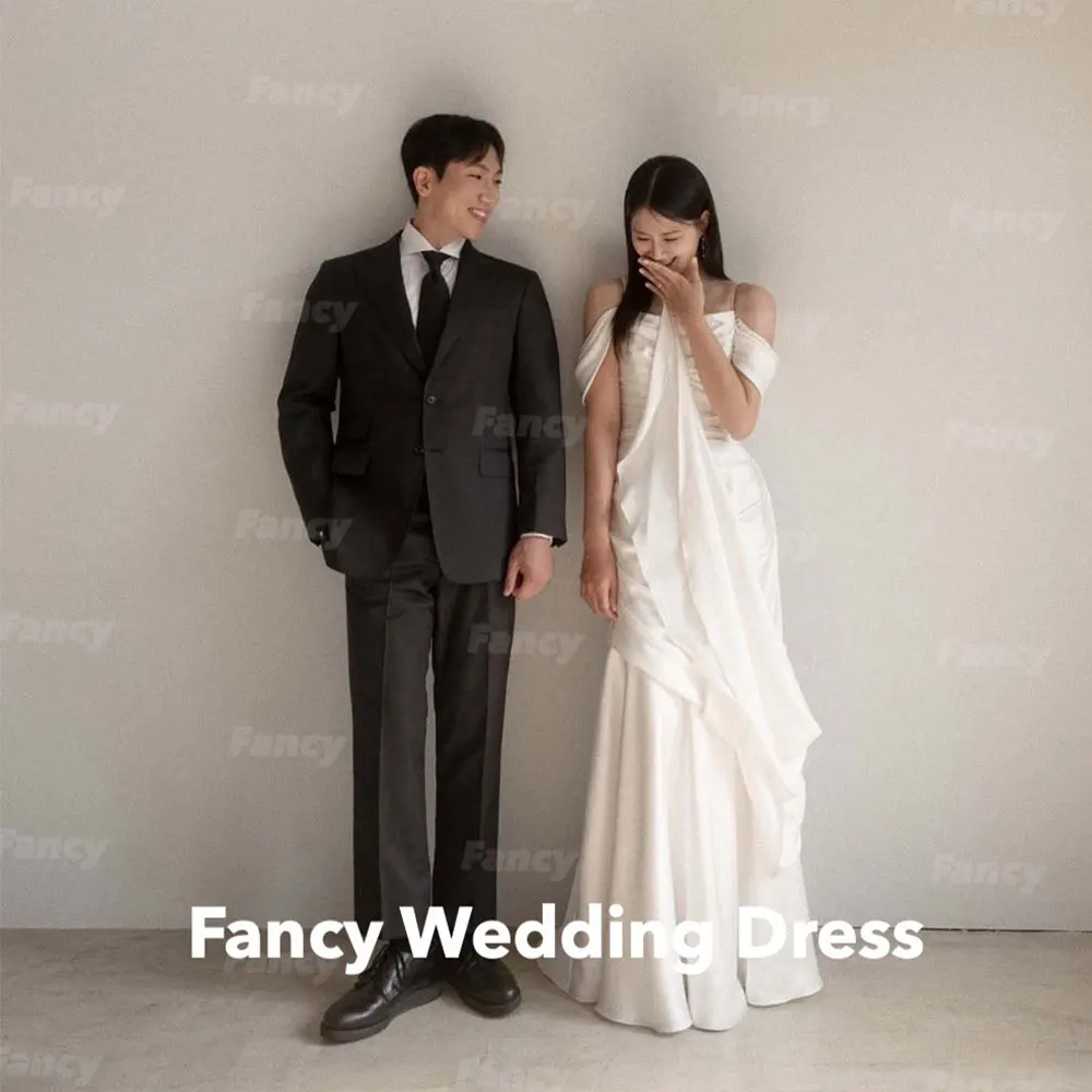 

Fancy Graceful Off Shoulder Korea Wedding Dress Photo Shoot A Line Pleats Bridal Gown Floor Length Customized