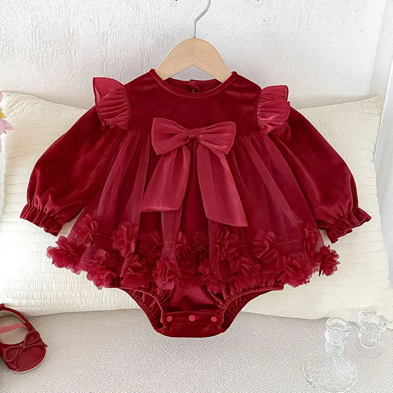 Autumn Newborn Girl Clothes Korean Cute Bow Long Sleeve Princess Mesh Red 1st Birthday Romper Baby Bodysuits And One-Pieces B523