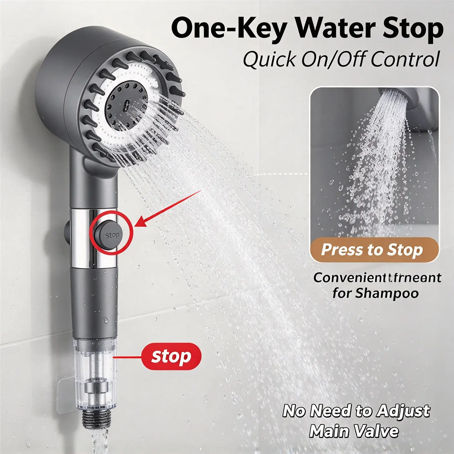HTMCK Gray Medium Shower Head with Built-in Filter, 3 Spray Modes One-Key Stop 62-inch Braided Hose, Drill-Free Bracket image 3