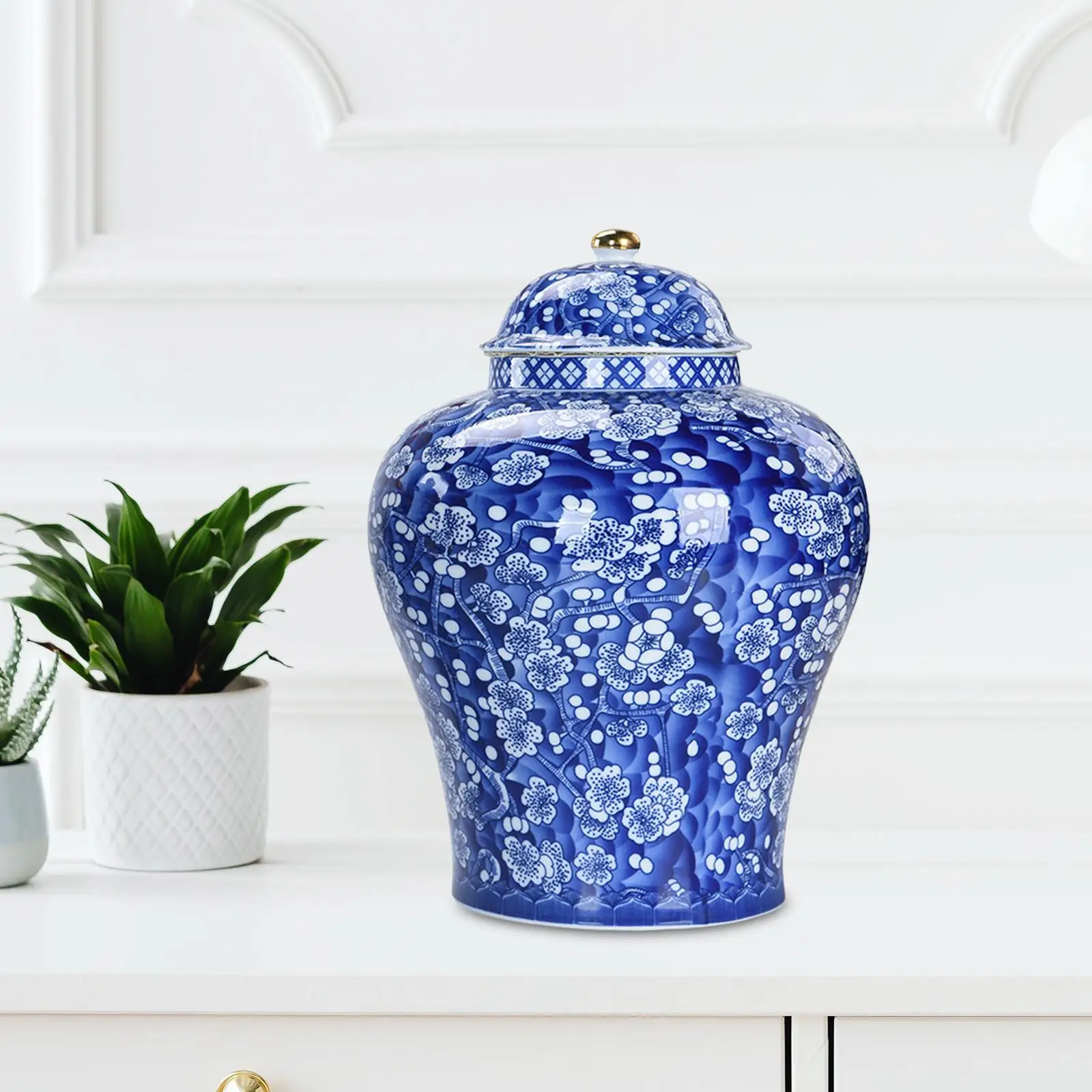Chinese Plum Ceramic Bud Vase Ginger Jar Temple Jar Exquisite Smooth Blue and White Asian Decor Glazed Hand Painted Tea Storage