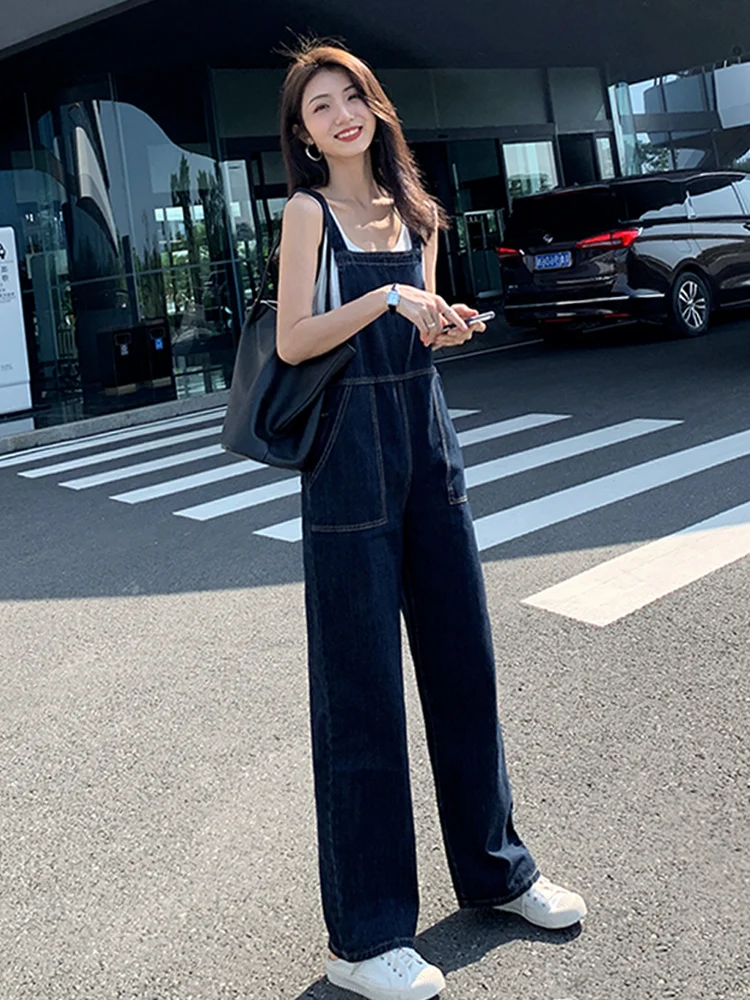 

Модные женские джинсовые комбинезоны с высокой талией и широкими штанинами, свободного кроя, в корейском стиле, из смесового хлопка, для повседневной носки
