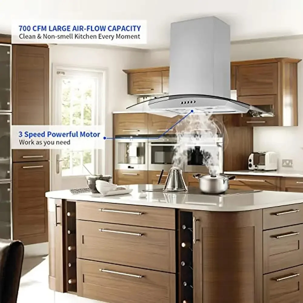 30" Stainless Steel Island Range Hood- 700 CFM Ventilation Fan 5-Layer Mesh Filters- Quiet Motor Adjustable Height- Push Button