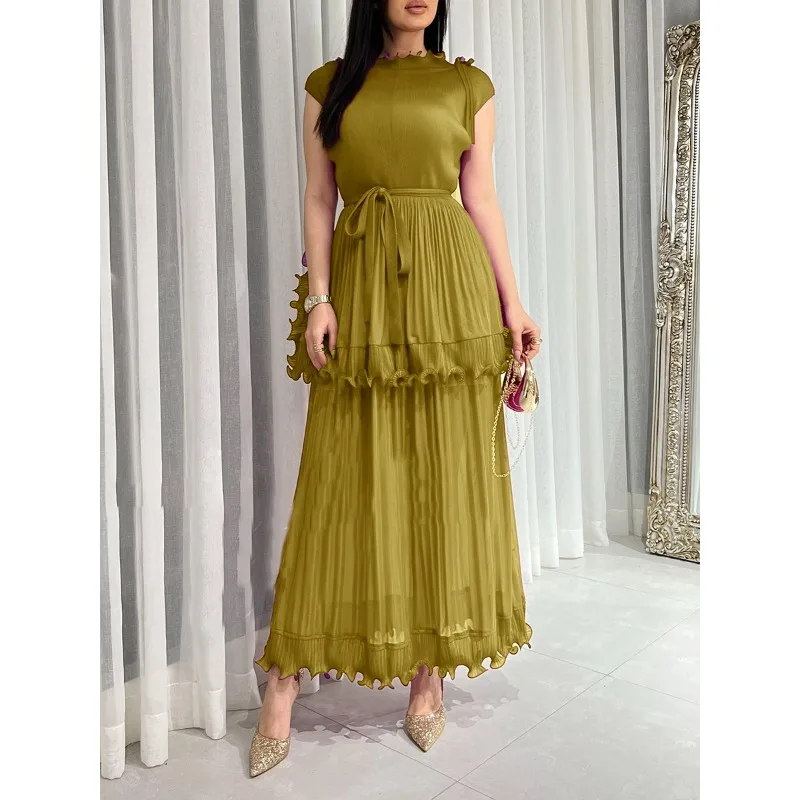 Miyake Pleated Cross Border New Solid Color Ruffle Neck Plus Size Women's Dresses Africa Middle East Plus Size Prom Dresses