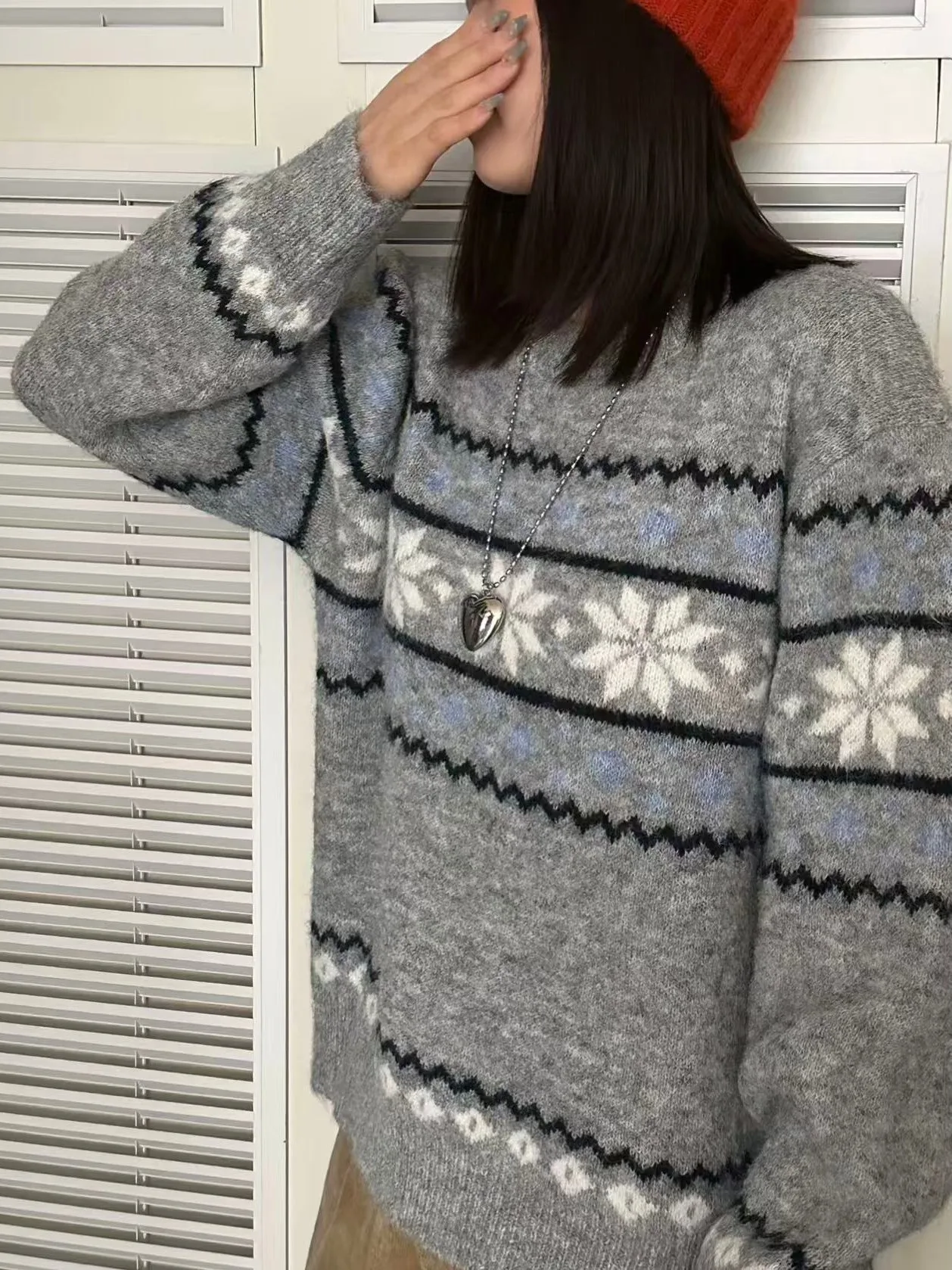 여성용 가을 겨울 스웨터 레이지 슬레 플라워 패턴 베이스 루즈핏 롱 슬리브 라운드 넥 탑