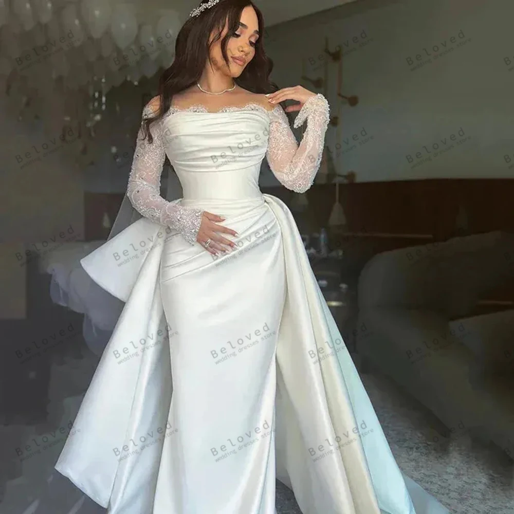 

Charming Wedding Dresses Satin Bridal Gowns Off The Shoulder Robes Sweep Train Glamorous Vestidos De Novia Glamorous Customized