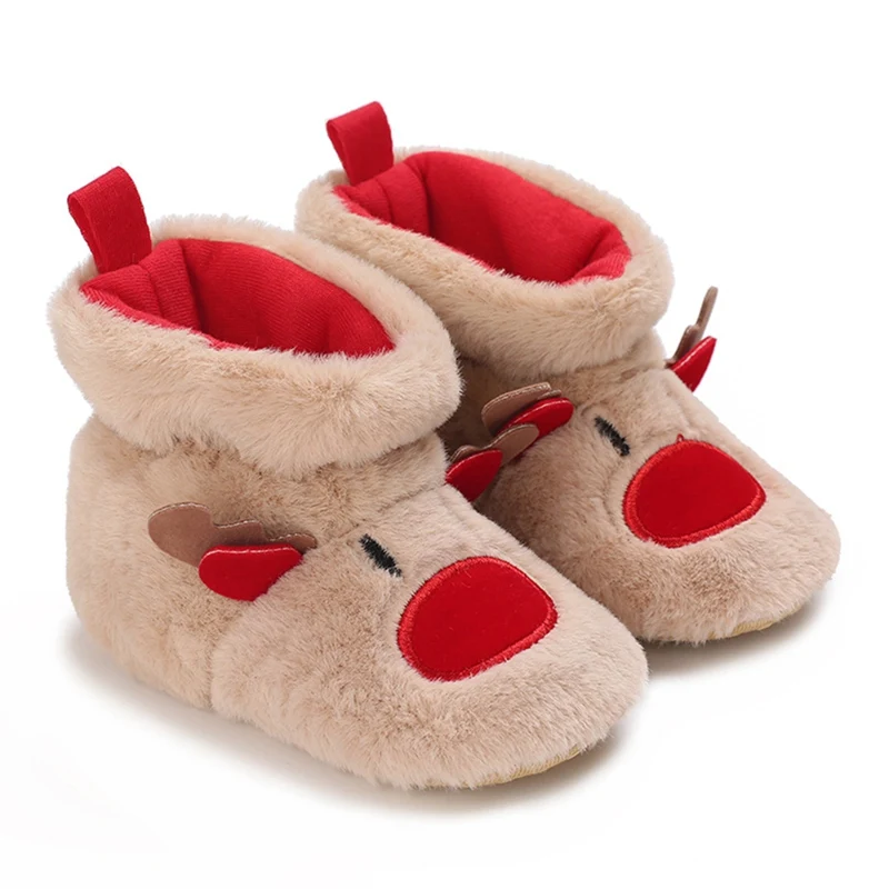 Botas de neve de pelúcia de Natal para bebê, decoração de desenhos animados, sola antiderrapante, botas de algodão macio, primeiros caminhantes, fofos, quentes, inverno, 0-18m