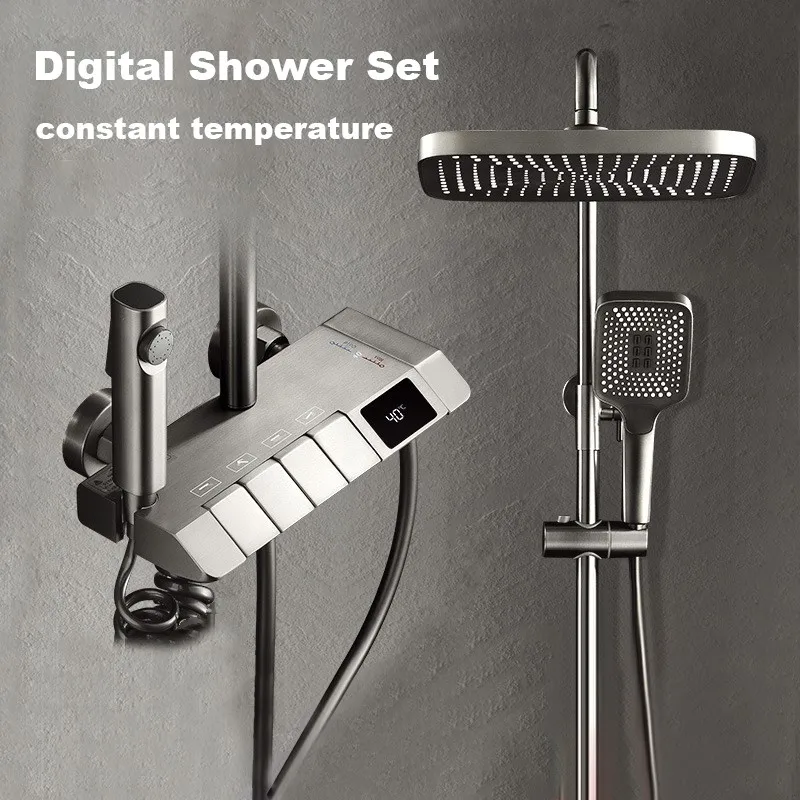 

Grey Piano Keys Digital Display Shower Set Smart Brass Bathroom Hot And Cold Waterfall Faucet Rain Shower System Bathtub SPA