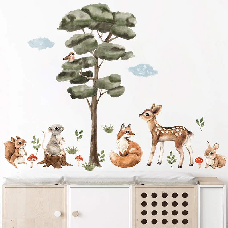 Watercolor Cartoon Tree and Forest Animals Deer Fox Bunny Wall Stickers for Kids Room Baby Nursery Room Wall Decals Home Decor