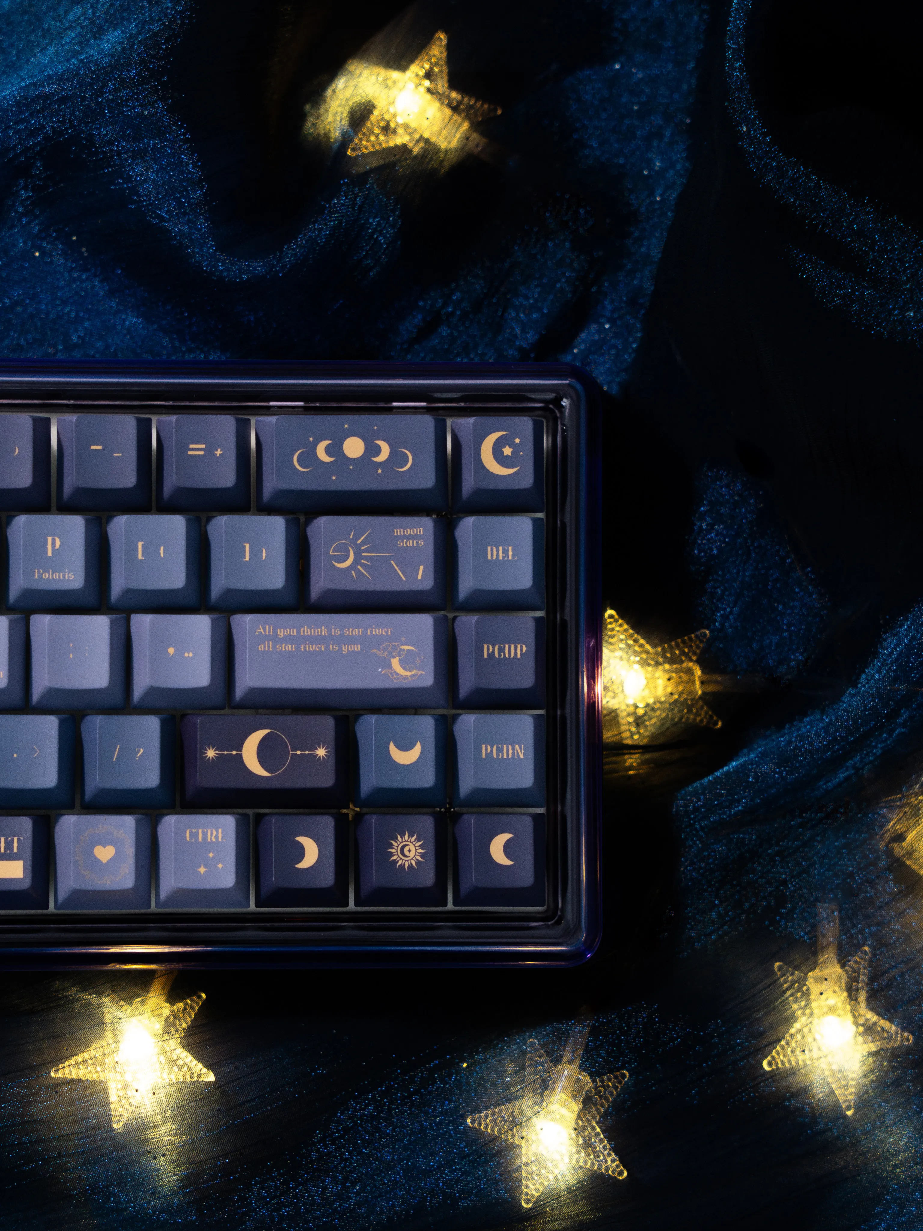 Sun, Moon and Stars Theme Keycaps PBT Thermal Sublimation Customized Keycaps Starry Sky Blue Light-Transmitting Side Engraved Ke